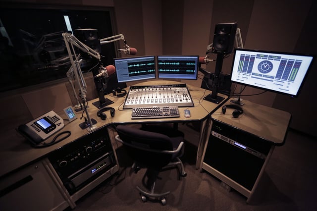 One of 8 on-air studios at CPR, featuring the Axia Fusion console and Telos Vset phone