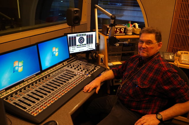 Bill with the tried and true Axia Element console—the only one that will remain in the facility. 