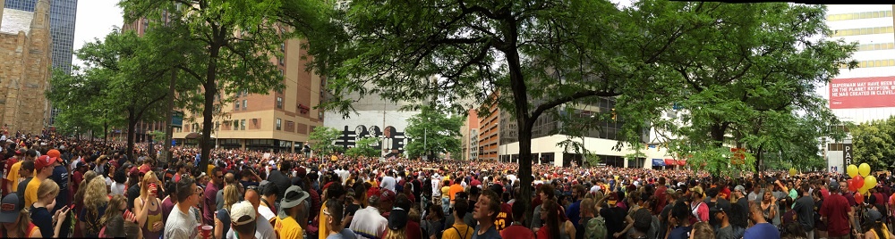Panoramic view of parade route along East 9th & Rockwell